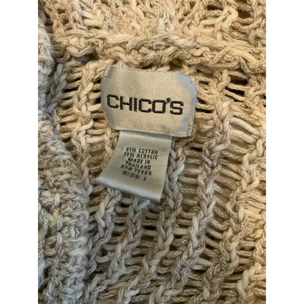 Chicos Open Knit Hooded Sweater Tan Marled V-Neck Pullover Size 1 M - Picture 2 of 2